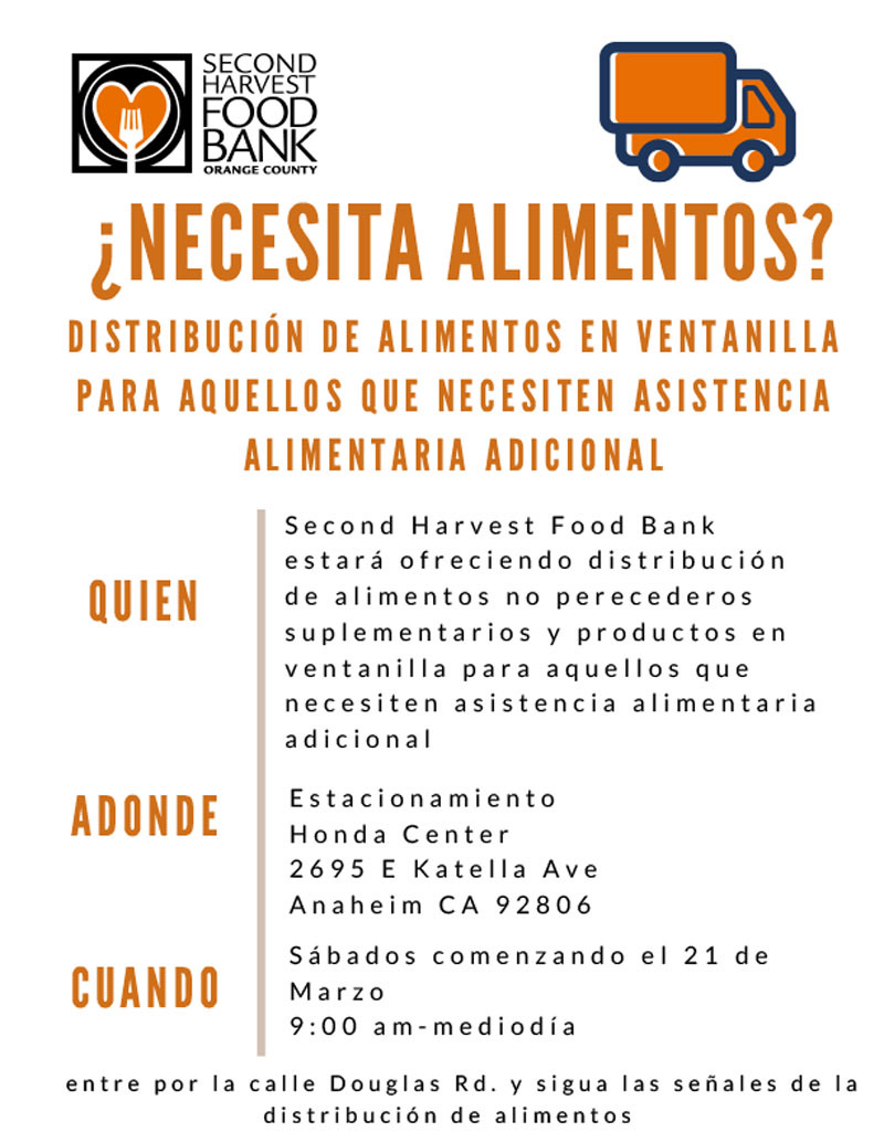 Second Harvest Food Bank organizará la distribución de alimentos en el estacionamiento del Honda Center los sábados de 9:00 a.m. a mediodía.